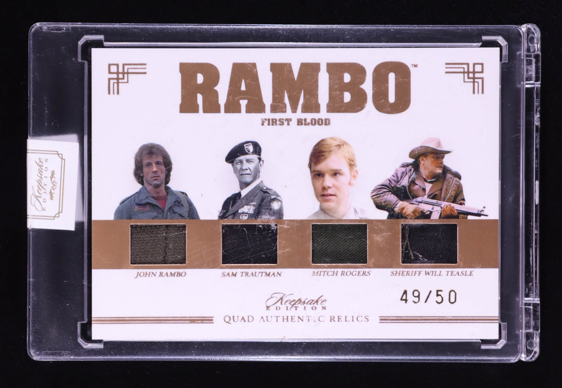 John Rambo/Sam Trautman/Mitch Rogers/Sheriff Will Teasle 2024 Keepsake Edition Quad Relic Authentic Rambo First Blood #131 #49/50 at PristineAuction.com John Rambo/Sam Trautman/Mitch Rogers/Sheriff Will Teasle 2024 Keepsake Edition Quad Relic Authentic Rambo First Blood #131 #49/50 at PristineAuction.com