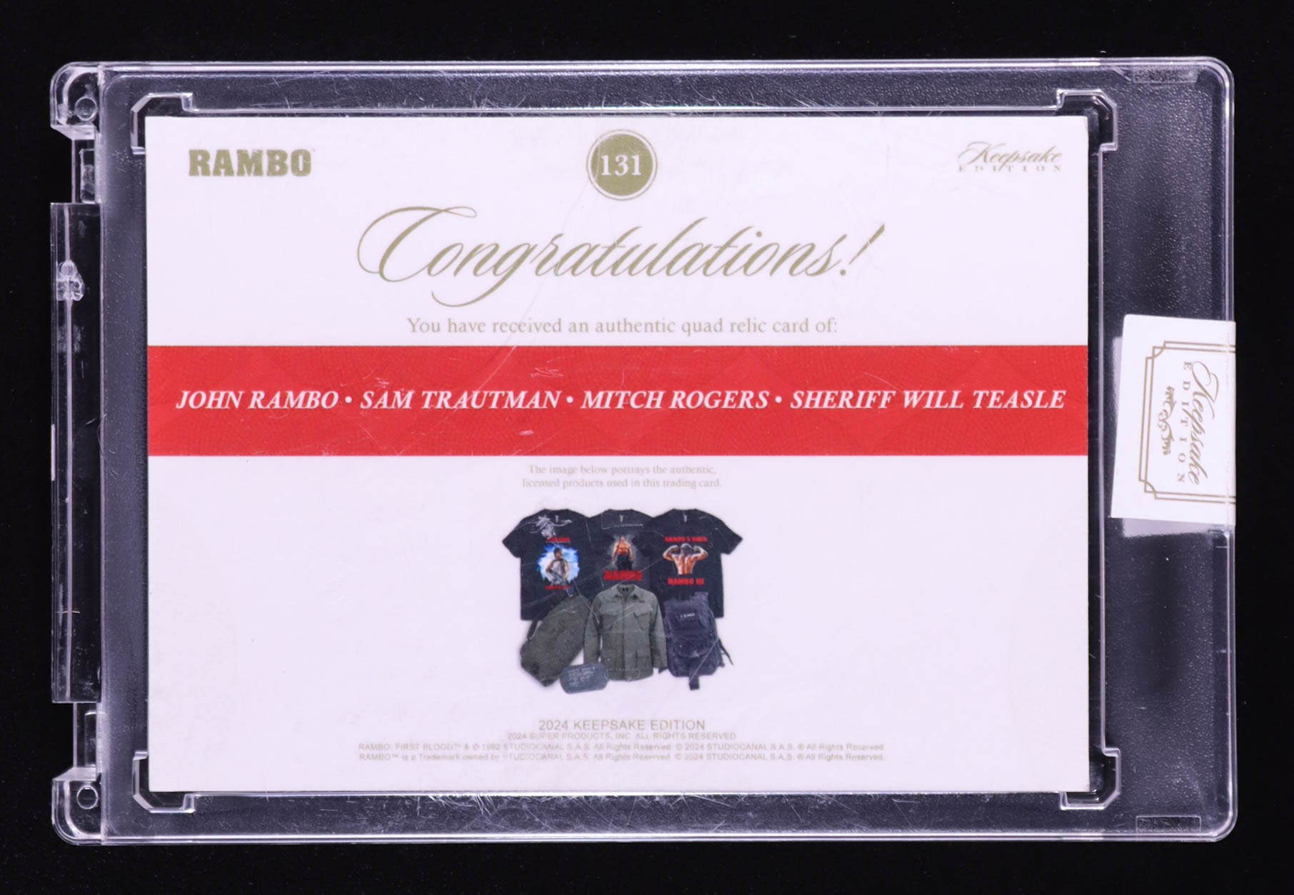John Rambo/Sam Trautman/Mitch Rogers/Sheriff Will Teasle 2024 Keepsake Edition Quad Relic Authentic Rambo First Blood #131 #49/50 at PristineAuction.com John Rambo/Sam Trautman/Mitch Rogers/Sheriff Will Teasle 2024 Keepsake Edition Quad Relic Authentic Rambo First Blood #131 #49/50 at PristineAuction.com