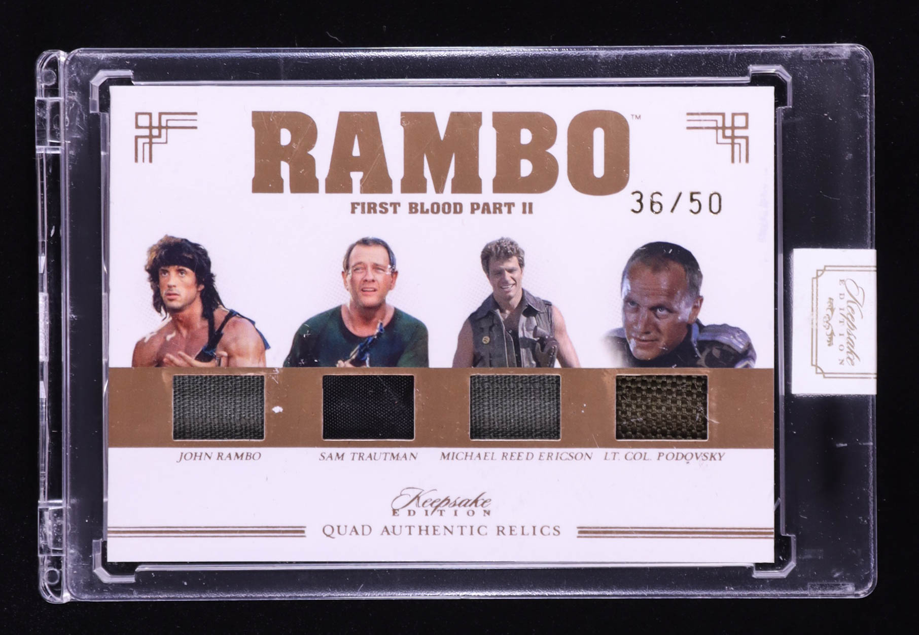 John Rambo/Sam Trautman/Michael Reed Ericson/Lt. Col. Podovsky 2024 Keepsake Edition Quad Relic Authentic Rambo First Blood Part II #137 #36/50 at PristineAuction.com John Rambo/Sam Trautman/Michael Reed Ericson/Lt. Col. Podovsky 2024 Keepsake Edition Quad Relic Authentic Rambo First Blood Part II #137 #36/50 at PristineAuction.com