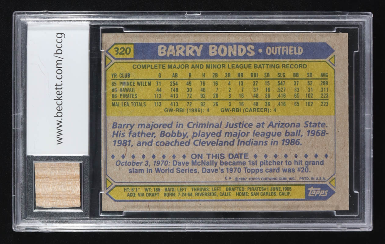 Barry Bonds 1987 Topps #320 RC with Game-Used Bat Piece (BCCG 10) at PristineAuction.com Barry Bonds 1987 Topps #320 RC with Game-Used Bat Piece (BCCG 10) at PristineAuction.com