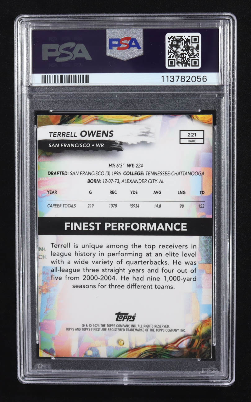 Terrell Owens 2024 Finest Purple Checkerboard Refractors #221 #38/75 (PSA 10) at PristineAuction.com Terrell Owens 2024 Finest Purple Checkerboard Refractors #221 #38/75 (PSA 10) at PristineAuction.com