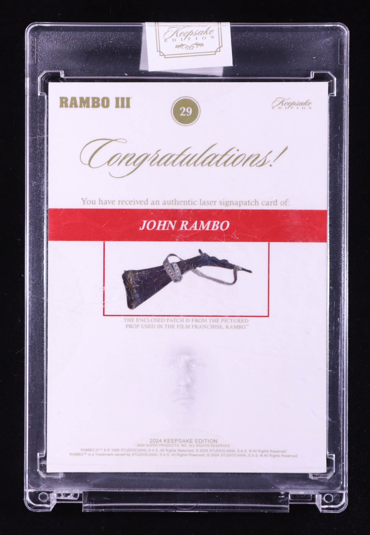 John Rambo 2024 Keepsake Edition Laser Signapatch Authentic Rambo III #29 #49/99 at PristineAuction.com John Rambo 2024 Keepsake Edition Laser Signapatch Authentic Rambo III #29 #49/99 at PristineAuction.com