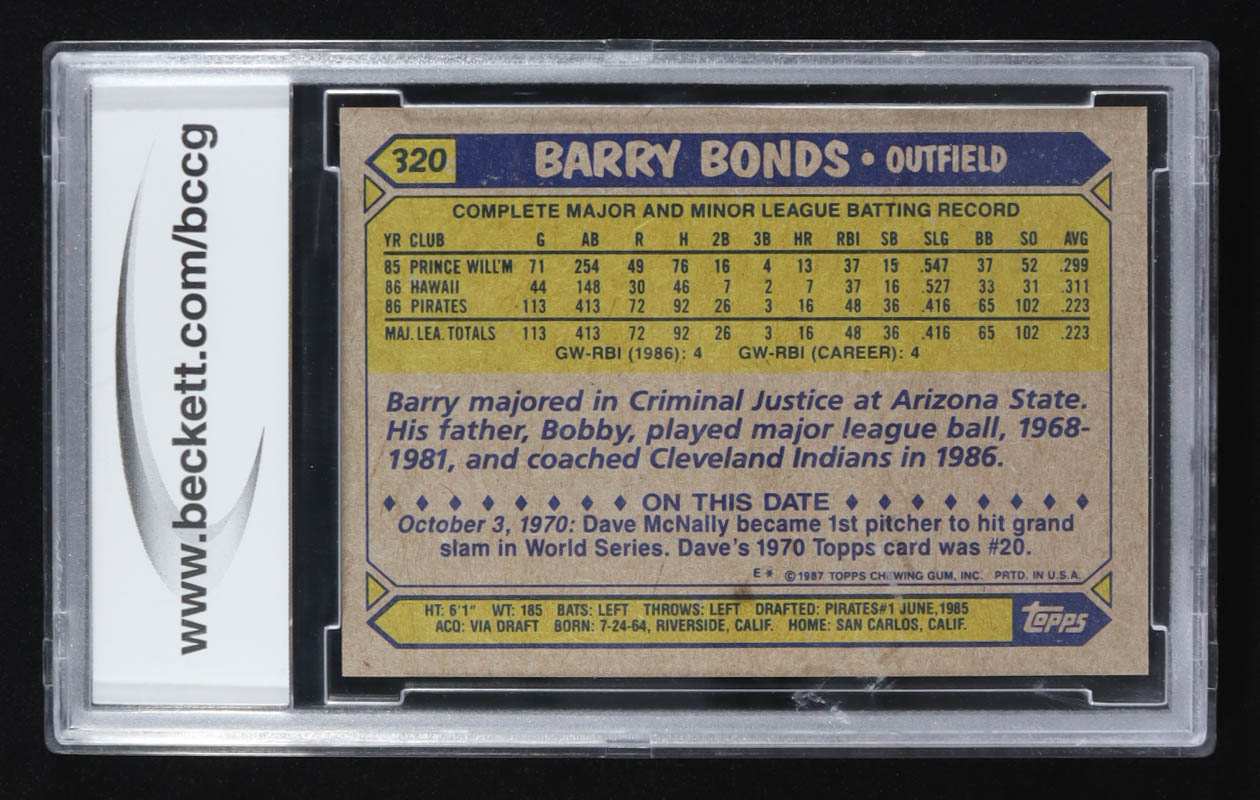 Barry Bonds 1987 Topps #320 RC (BCCG 10) at PristineAuction.com Barry Bonds 1987 Topps #320 RC (BCCG 10) at PristineAuction.com