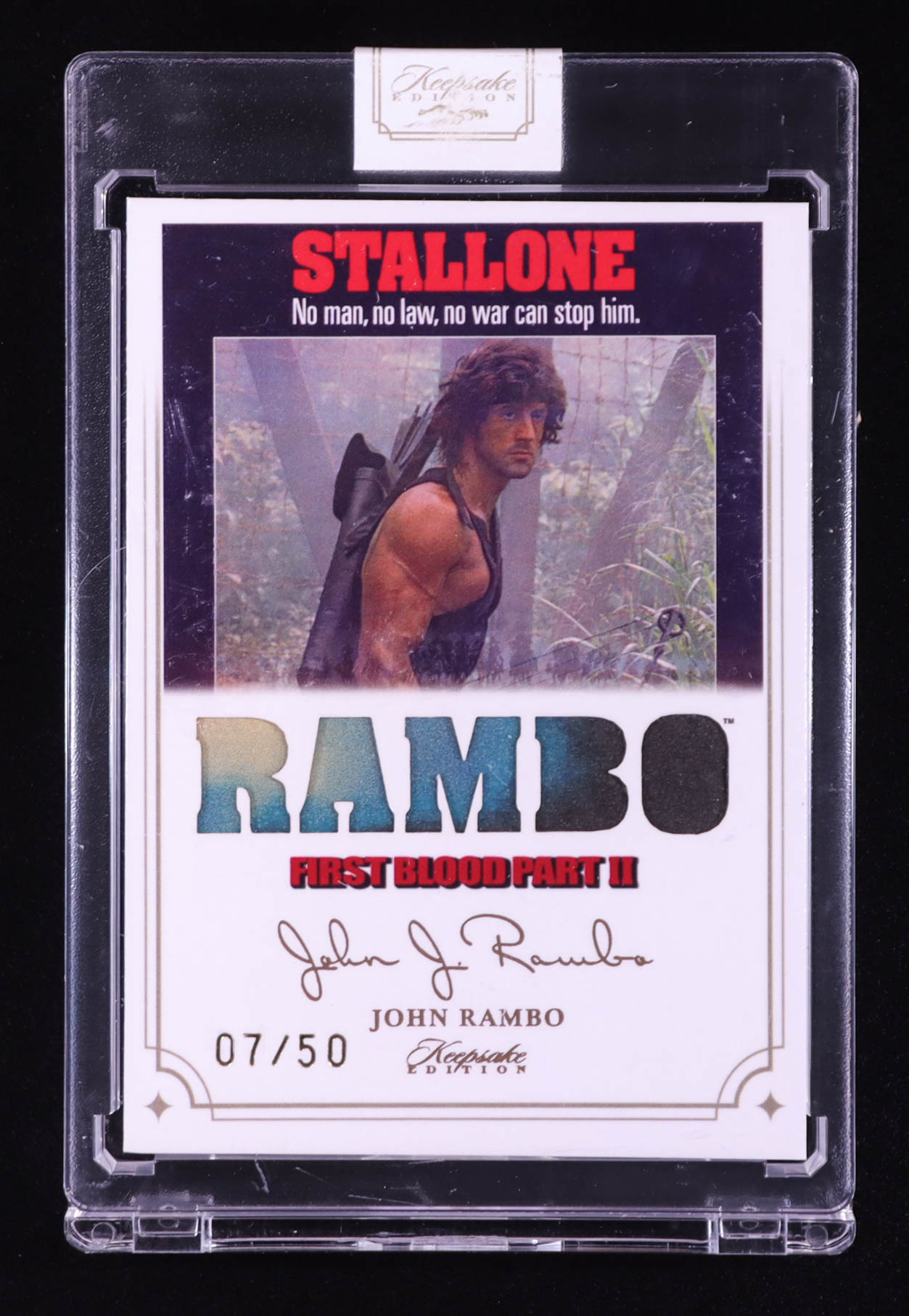 John Rambo 2024 Keepsake Edition Relic Authentic Rambo Stallone First Blood Part II #69 #07/50 at PristineAuction.com John Rambo 2024 Keepsake Edition Relic Authentic Rambo Stallone First Blood Part II #69 #07/50 at PristineAuction.com