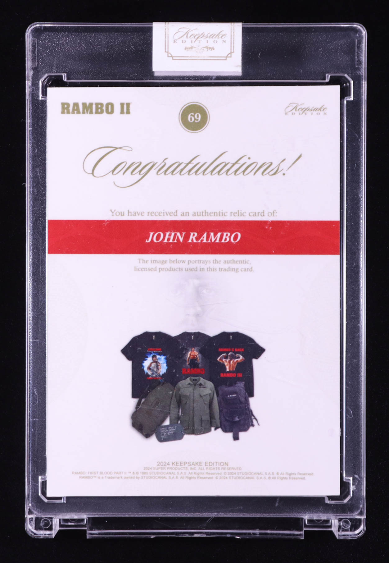 John Rambo 2024 Keepsake Edition Relic Authentic Rambo Stallone First Blood Part II #69 #07/50 at PristineAuction.com John Rambo 2024 Keepsake Edition Relic Authentic Rambo Stallone First Blood Part II #69 #07/50 at PristineAuction.com