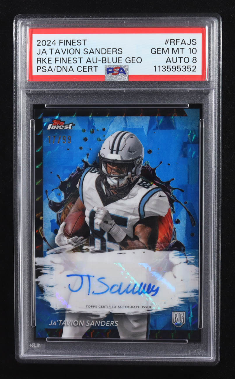 Ja'Tavion Sanders 2024 Finest Rookie Autographs Blue Geometric Refractors #RFAJS #17/99 RC (PSA 10 | Auto Grade PSA 8) at PristineAuction.com Ja'Tavion Sanders 2024 Finest Rookie Autographs Blue Geometric Refractors #RFAJS #17/99 RC (PSA 10 | Auto Grade PSA 8) at PristineAuction.com