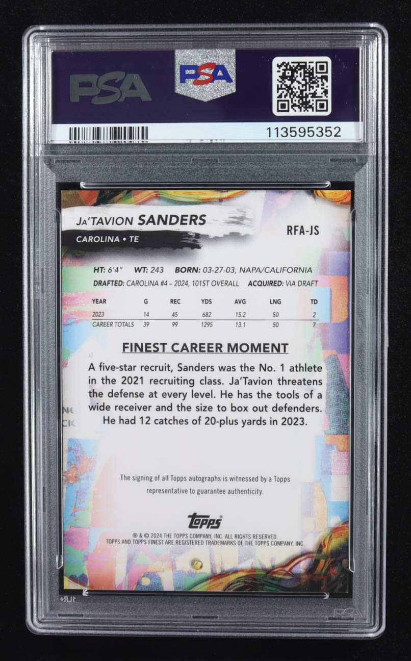 Ja'Tavion Sanders 2024 Finest Rookie Autographs Blue Geometric Refractors #RFAJS #17/99 RC (PSA 10 | Auto Grade PSA 8) at PristineAuction.com Ja'Tavion Sanders 2024 Finest Rookie Autographs Blue Geometric Refractors #RFAJS #17/99 RC (PSA 10 | Auto Grade PSA 8) at PristineAuction.com