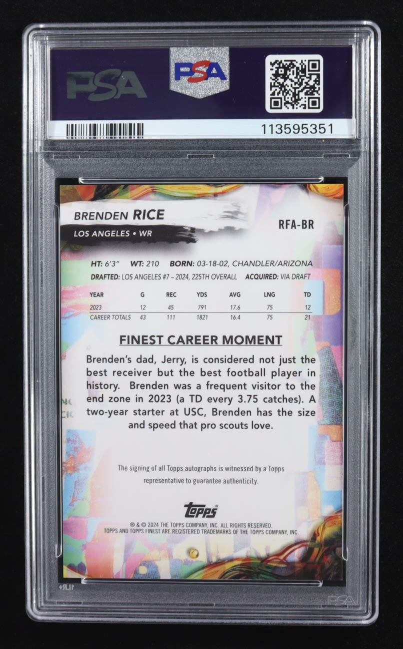 Brenden Rice 2024 Finest Rookie Autographs Blue Geometric Refractors #RFABR #20/99 RC (PSA 10 | Auto Grade PSA 10) at PristineAuction.com Brenden Rice 2024 Finest Rookie Autographs Blue Geometric Refractors #RFABR #20/99 RC (PSA 10 | Auto Grade PSA 10) at PristineAuction.com