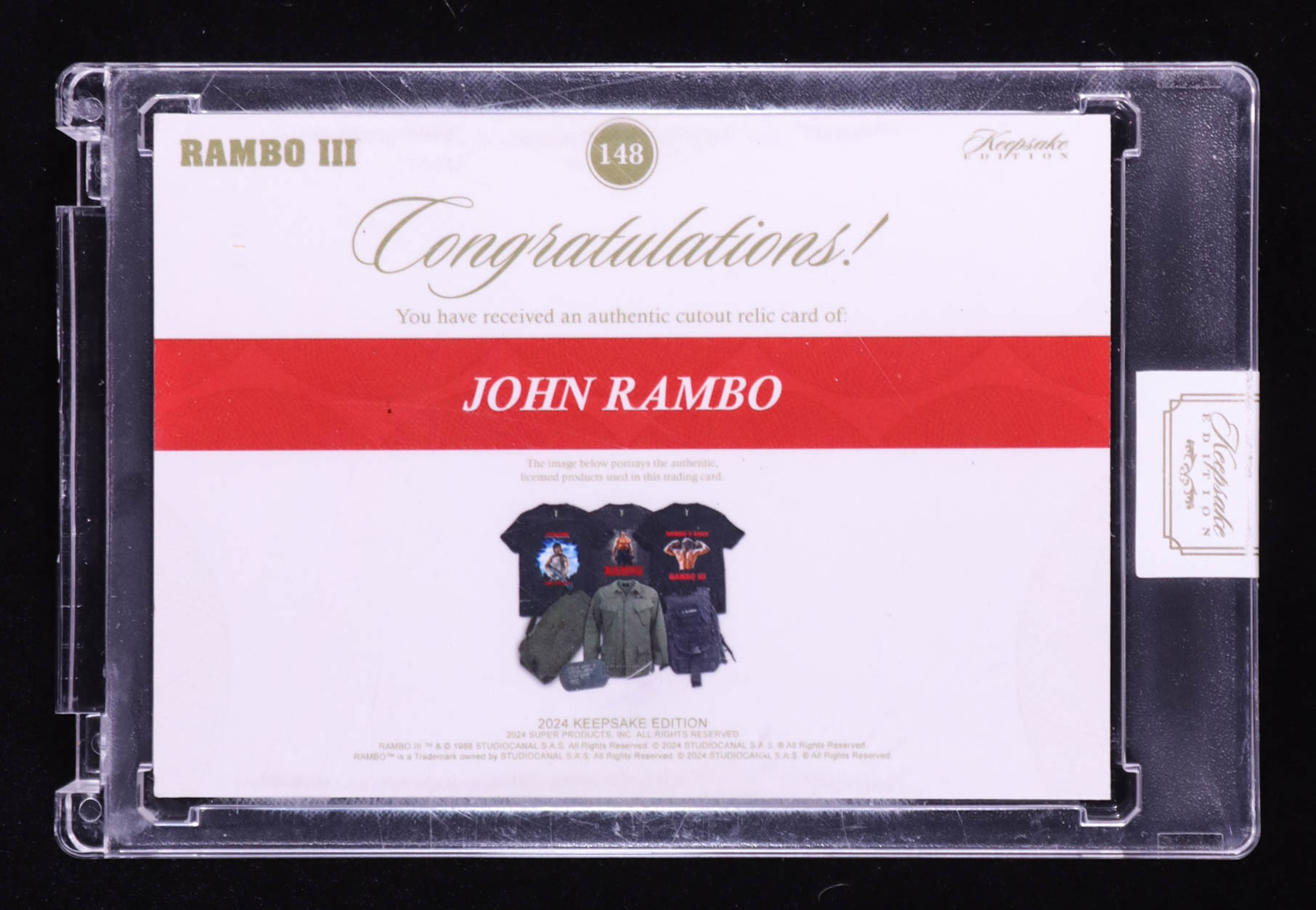 John Rambo 2024 Keepsake Edition Cutout Relic Authentic III #148 #49/50 at PristineAuction.com John Rambo 2024 Keepsake Edition Cutout Relic Authentic III #148 #49/50 at PristineAuction.com