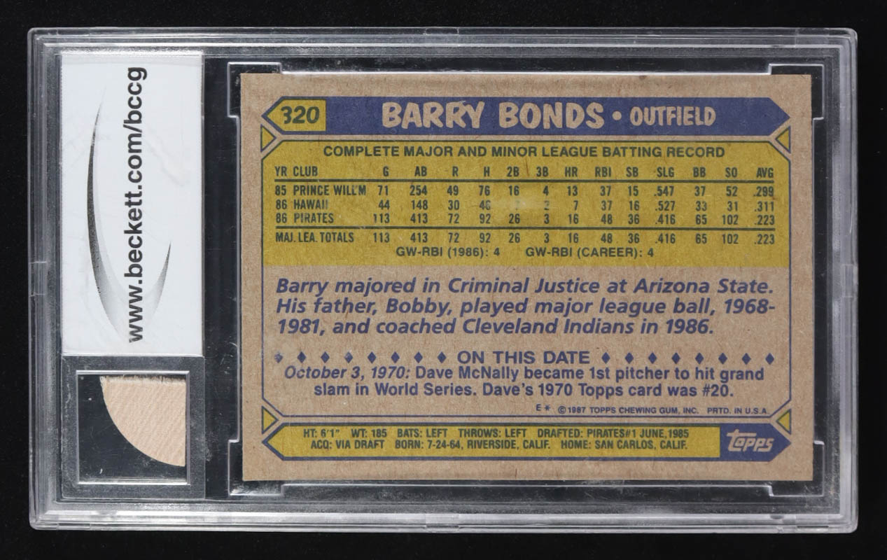 Barry Bonds 1987 Topps #320 RC with LE 600 Home Run Club Game-Used Bat Piece (BCCG 9) at PristineAuction.com Barry Bonds 1987 Topps #320 RC with LE 600 Home Run Club Game-Used Bat Piece (BCCG 9) at PristineAuction.com