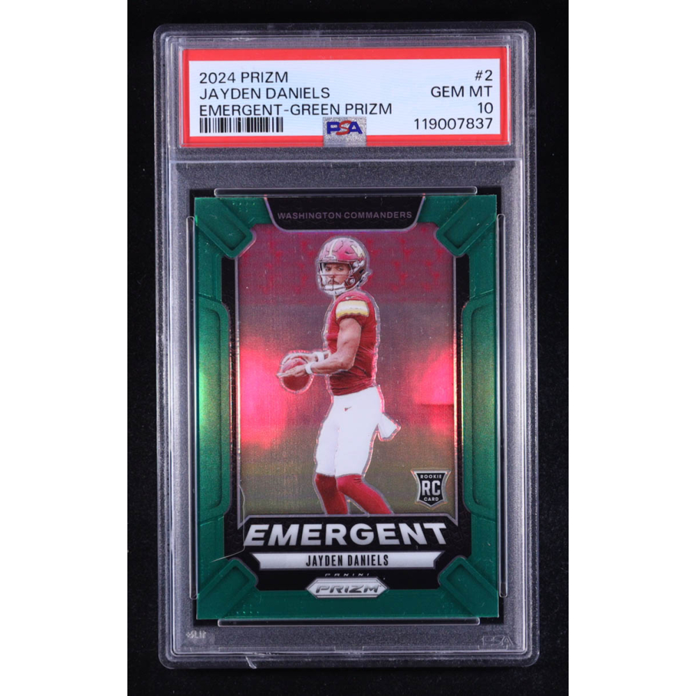 Jayden Daniels 2024 Panini Prizm Emergent Prizms Green #2 RC (PSA 10) at PristineAuction.com Jayden Daniels 2024 Panini Prizm Emergent Prizms Green #2 RC (PSA 10) at PristineAuction.com