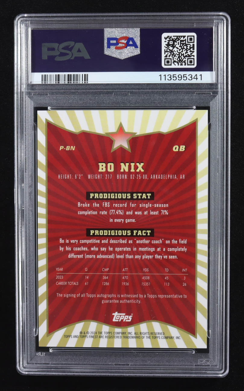 Bo Nix 2024 Finest Prodigies Autographs Black Geometric Refractors #PBN #11/25 RC (PSA 9 | Auto Grade PSA 8) at PristineAuction.com Bo Nix 2024 Finest Prodigies Autographs Black Geometric Refractors #PBN #11/25 RC (PSA 9 | Auto Grade PSA 8) at PristineAuction.com