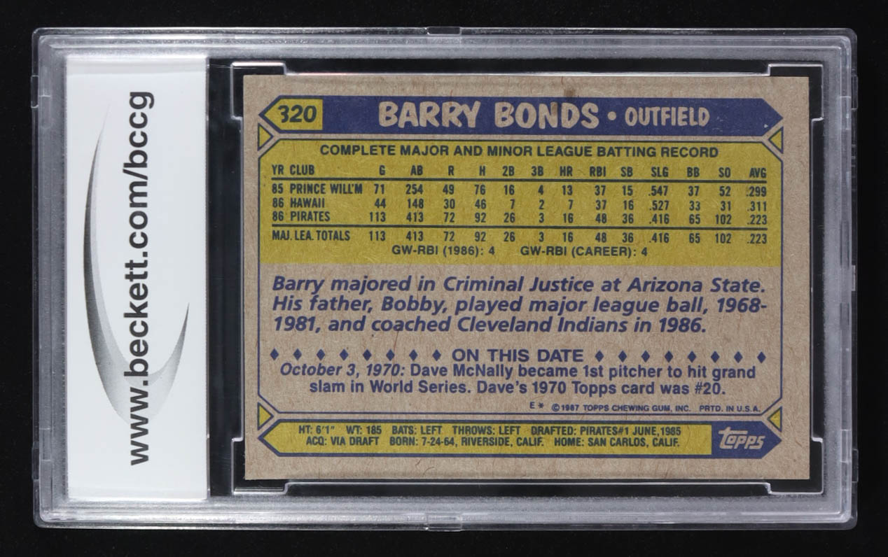 Barry Bonds 1987 Topps #320 RC (BCCG 10) at PristineAuction.com Barry Bonds 1987 Topps #320 RC (BCCG 10) at PristineAuction.com