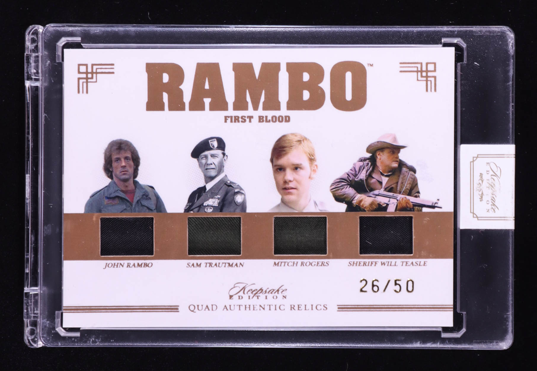 John Rambo/Sam Trautman/Mitch Rogers/Sheriff Will Teasle 2024 Keepsake Edition Quad Relic Authentic Rambo First Blood #92 #26/50 at PristineAuction.com John Rambo/Sam Trautman/Mitch Rogers/Sheriff Will Teasle 2024 Keepsake Edition Quad Relic Authentic Rambo First Blood #92 #26/50 at PristineAuction.com