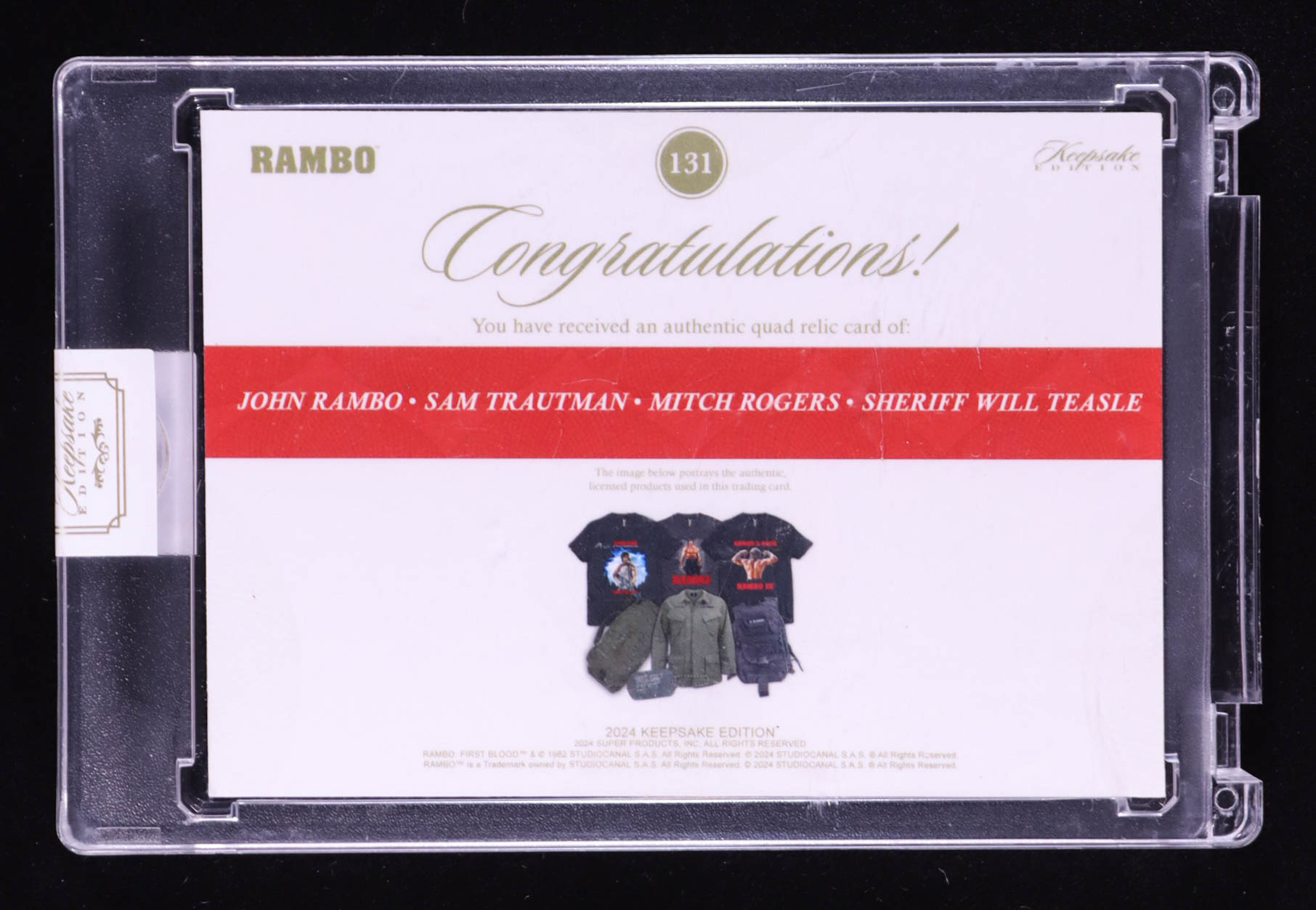 John Rambo/Sam Trautman/Mitch Rogers/Sheriff Will Teasle 2024 Keepsake Edition Quad Relic Authentic Rambo First Blood #92 #26/50 at PristineAuction.com John Rambo/Sam Trautman/Mitch Rogers/Sheriff Will Teasle 2024 Keepsake Edition Quad Relic Authentic Rambo First Blood #92 #26/50 at PristineAuction.com