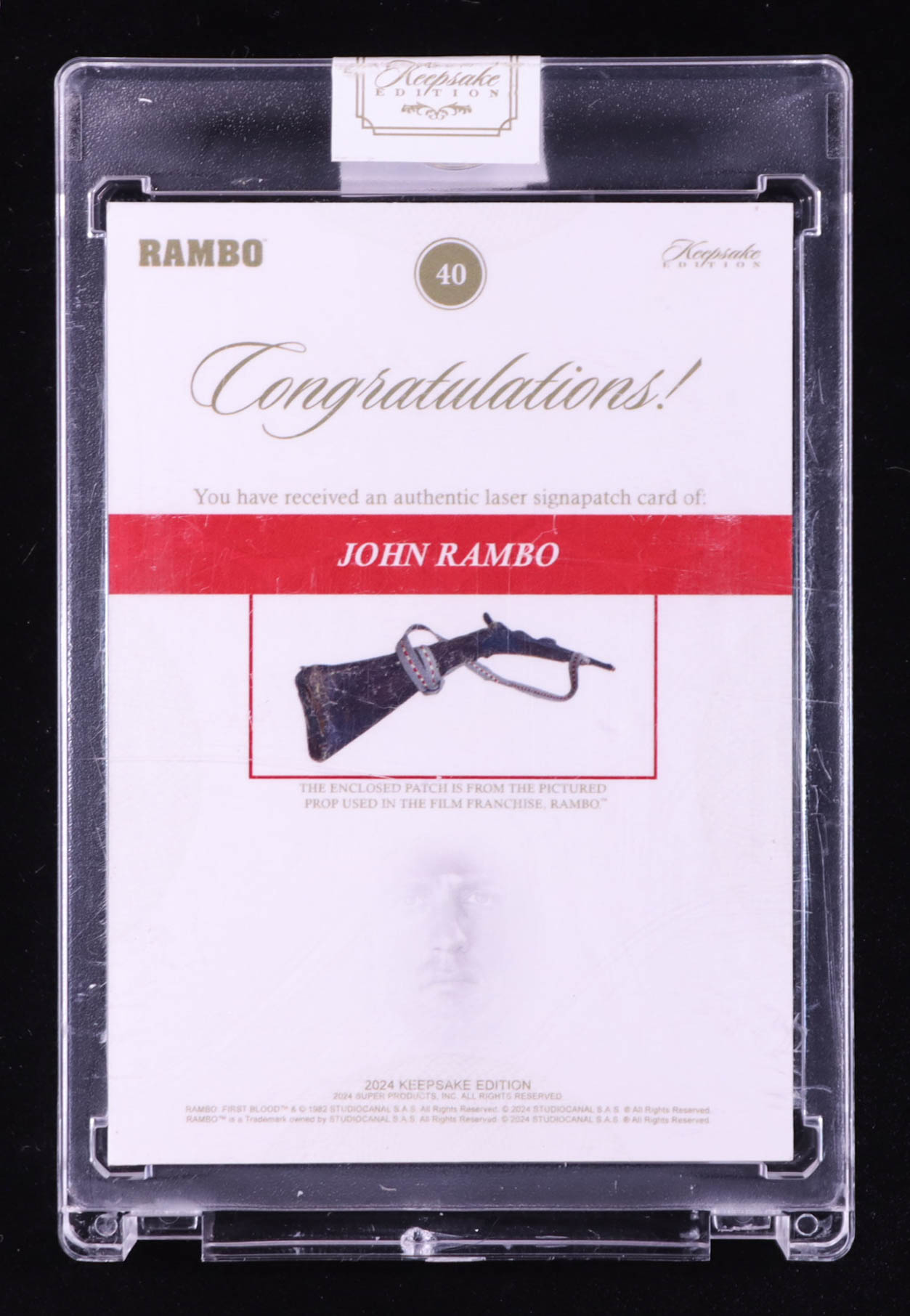 John Rambo 2024 Keepsake Edition Laser Signapatch Authentic Rambo #40 #20/99 at PristineAuction.com John Rambo 2024 Keepsake Edition Laser Signapatch Authentic Rambo #40 #20/99 at PristineAuction.com