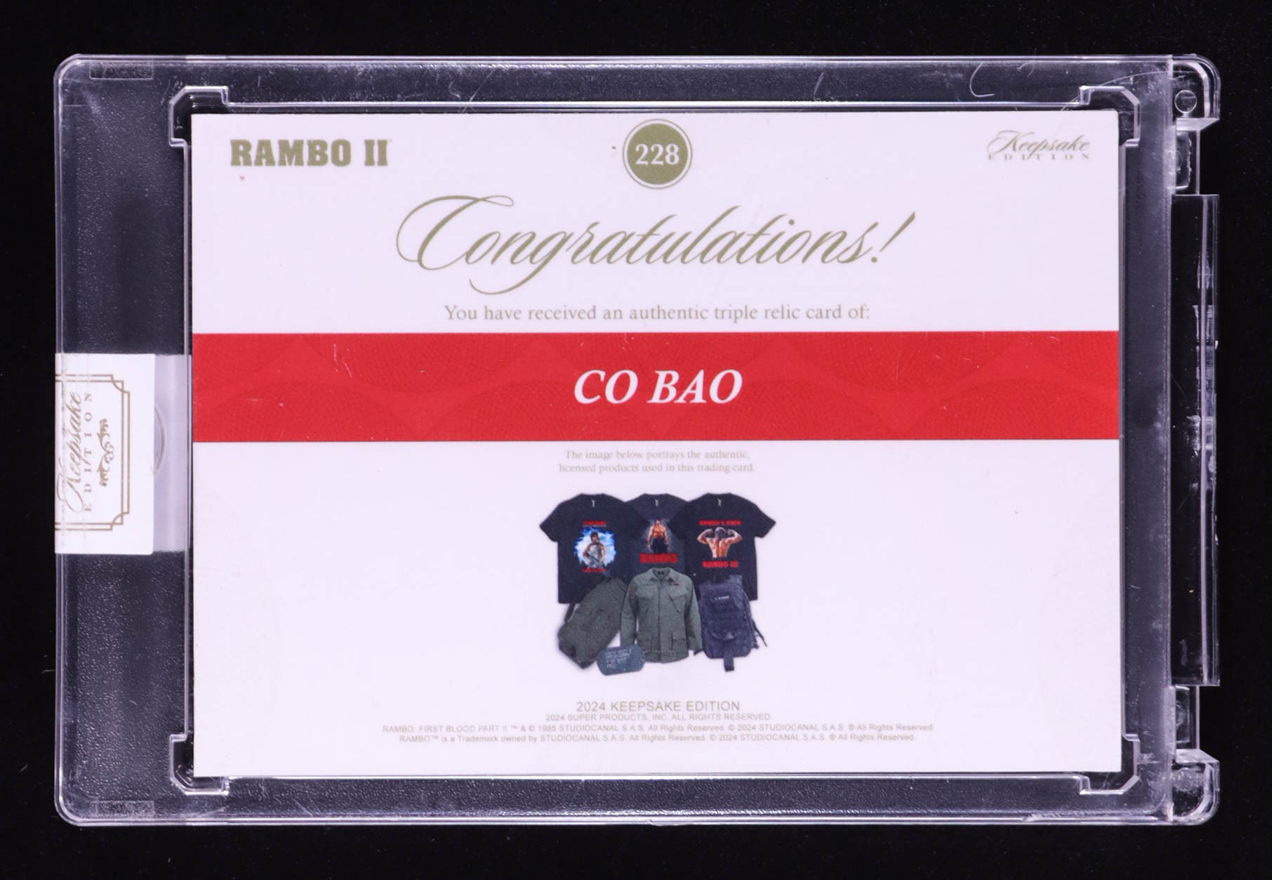 Co Bao 2024 Keepsake Edition Triple Relic Authentic Rambo II #228 #45/50 at PristineAuction.com Co Bao 2024 Keepsake Edition Triple Relic Authentic Rambo II #228 #45/50 at PristineAuction.com