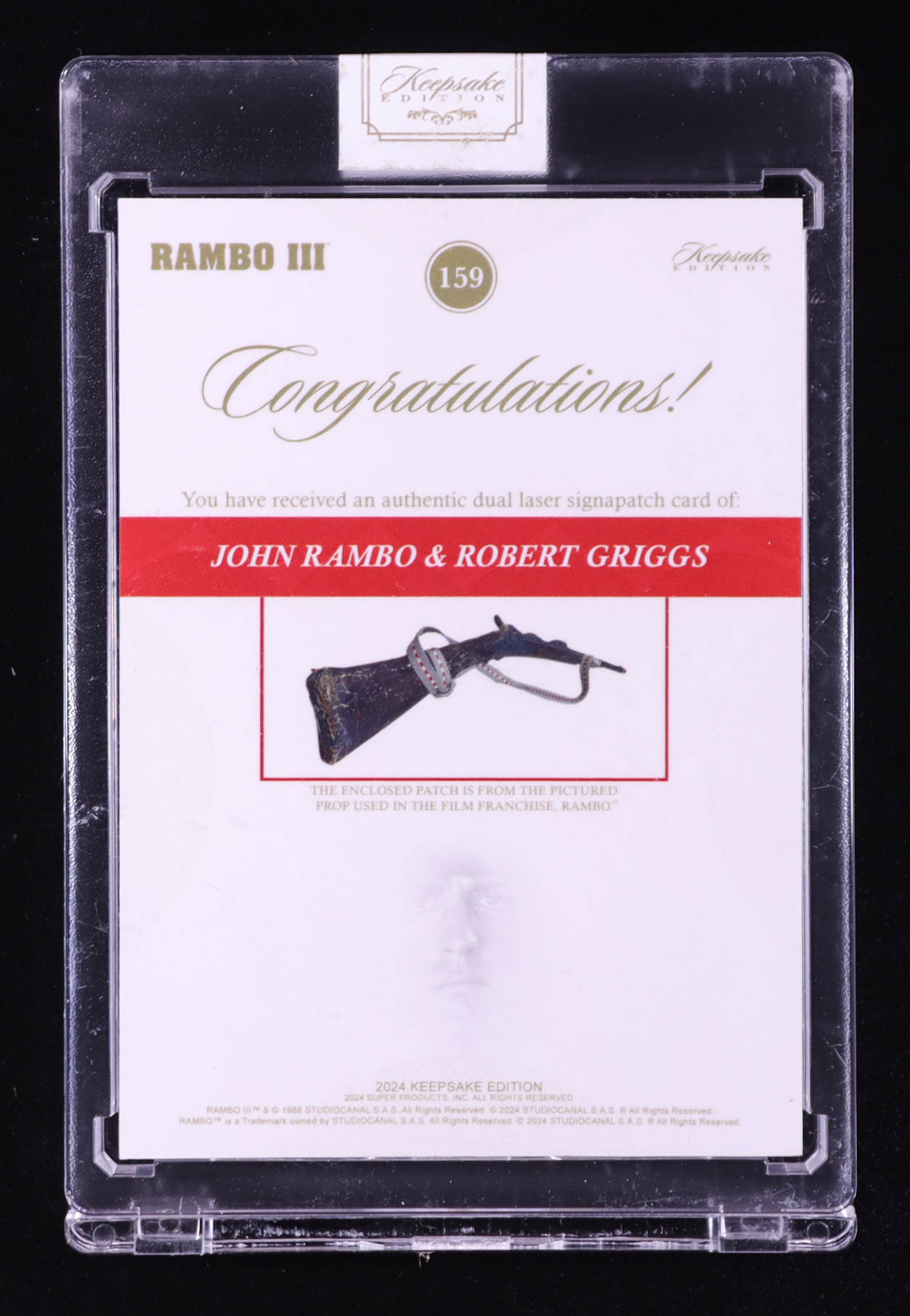 John Rambo/Robert Griggs 2024 Keepsake Edition Dual Laser Signapatch Authentic Rambo III #159 #43/50 at PristineAuction.com John Rambo/Robert Griggs 2024 Keepsake Edition Dual Laser Signapatch Authentic Rambo III #159 #43/50 at PristineAuction.com