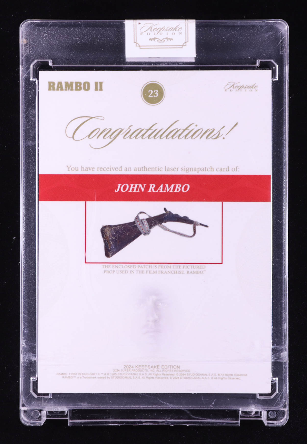 John Rambo 2024 Keepsake Edition Laser Signapatch Authentic Rambo II #23 #15/99 at PristineAuction.com John Rambo 2024 Keepsake Edition Laser Signapatch Authentic Rambo II #23 #15/99 at PristineAuction.com
