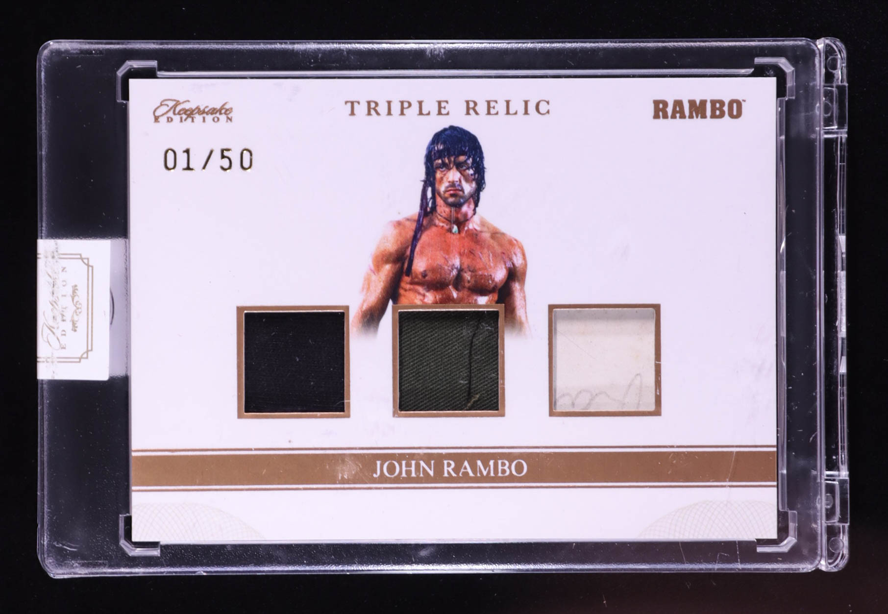 John Rambo 2024 Keepsake Edition Triple Relic Authentic Rambo II #161 #01/50 at PristineAuction.com John Rambo 2024 Keepsake Edition Triple Relic Authentic Rambo II #161 #01/50 at PristineAuction.com