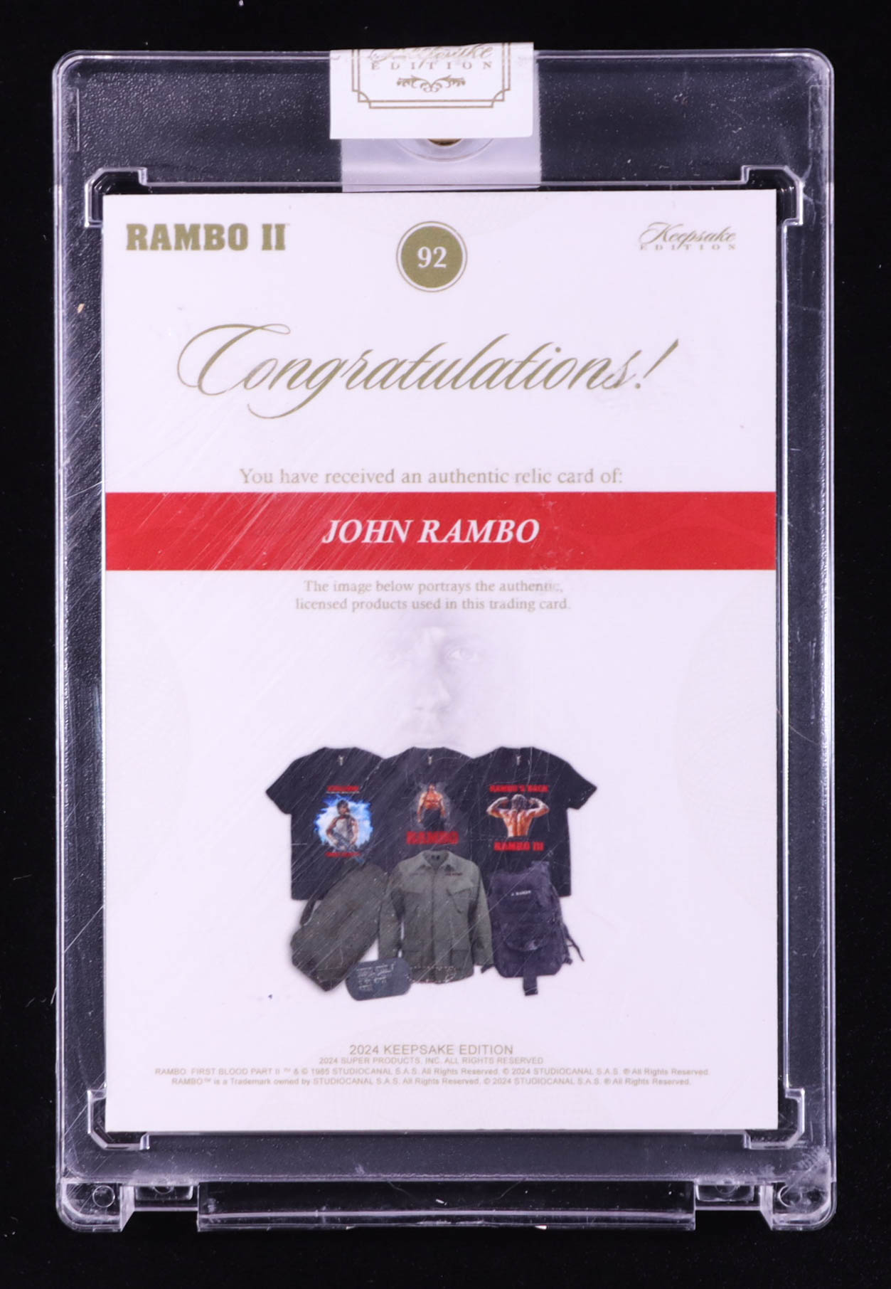 John Rambo 2024 Keepsake Edition Dual Relic Patches Authentic Rambo II #92 #38/50 at PristineAuction.com John Rambo 2024 Keepsake Edition Dual Relic Patches Authentic Rambo II #92 #38/50 at PristineAuction.com