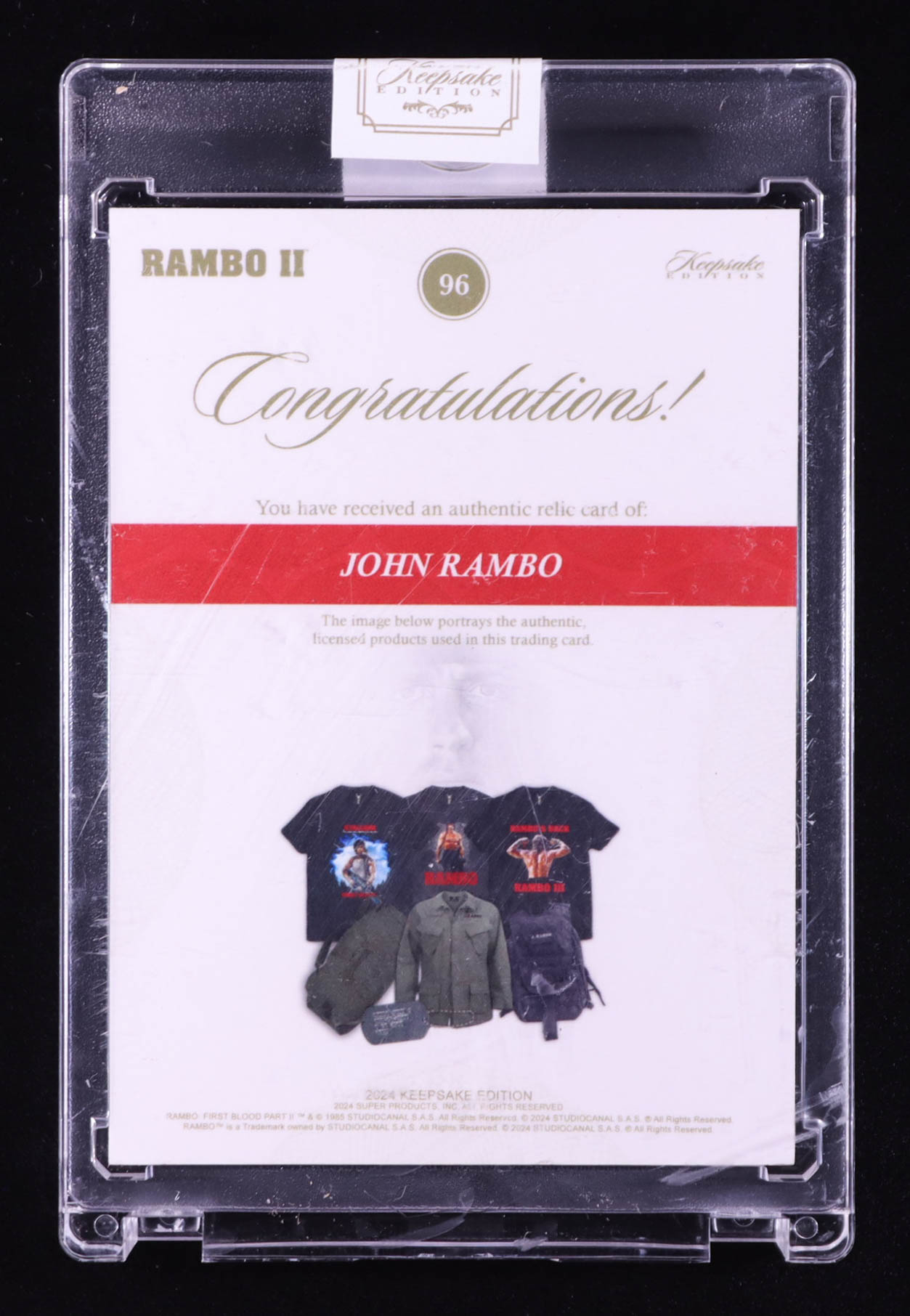 John Rambo 2024 Keepsake Edition Dual Relic Patches Authentic Rambo II #96 #01/50 at PristineAuction.com John Rambo 2024 Keepsake Edition Dual Relic Patches Authentic Rambo II #96 #01/50 at PristineAuction.com