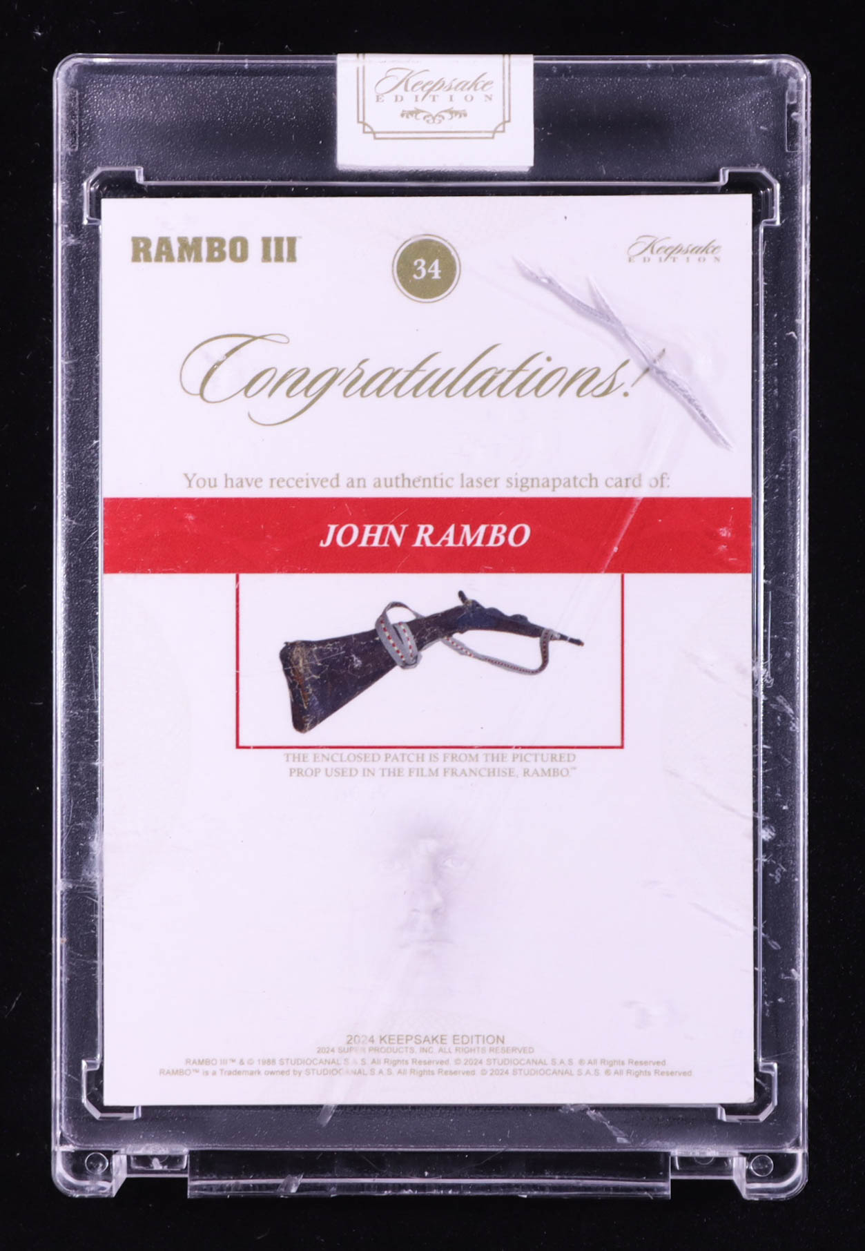 John Rambo 2024 Keepsake Edition Laser Signapatch Authentic Rambo III #34 #24/99 at PristineAuction.com John Rambo 2024 Keepsake Edition Laser Signapatch Authentic Rambo III #34 #24/99 at PristineAuction.com