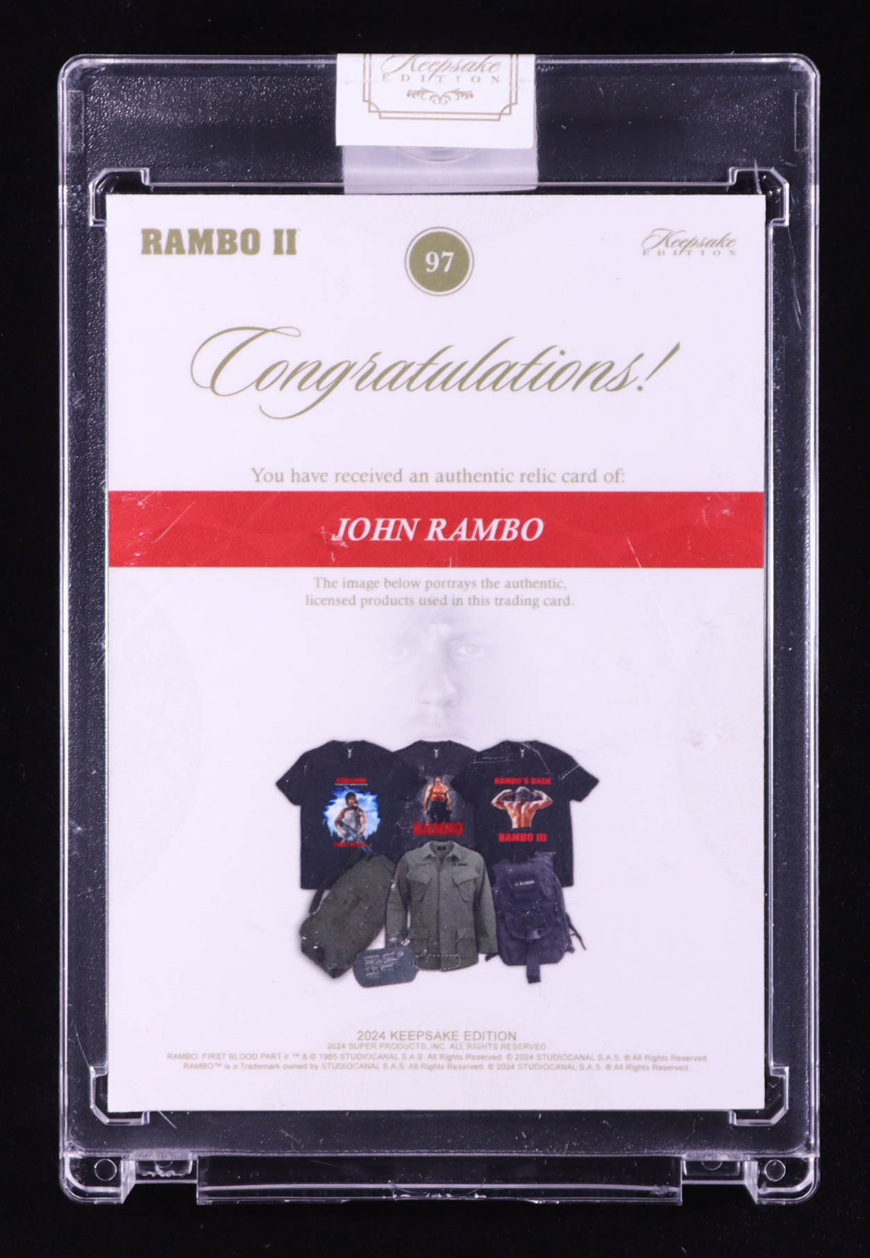 John Rambo 2024 Keepsake Edition Dual Relics Patches Authentic Rambo II #97 #22/50 at PristineAuction.com John Rambo 2024 Keepsake Edition Dual Relics Patches Authentic Rambo II #97 #22/50 at PristineAuction.com