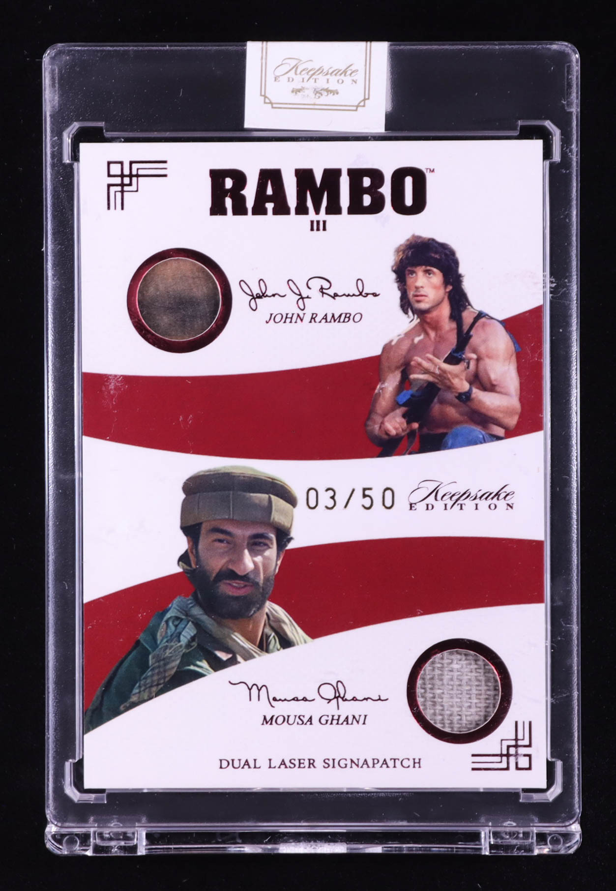 John Rambo/Mousa Ghani 2024 Keepsake Edition Dual Laser Signapatch Authentic Rambo III #160 #03/50 at PristineAuction.com John Rambo/Mousa Ghani 2024 Keepsake Edition Dual Laser Signapatch Authentic Rambo III #160 #03/50 at PristineAuction.com