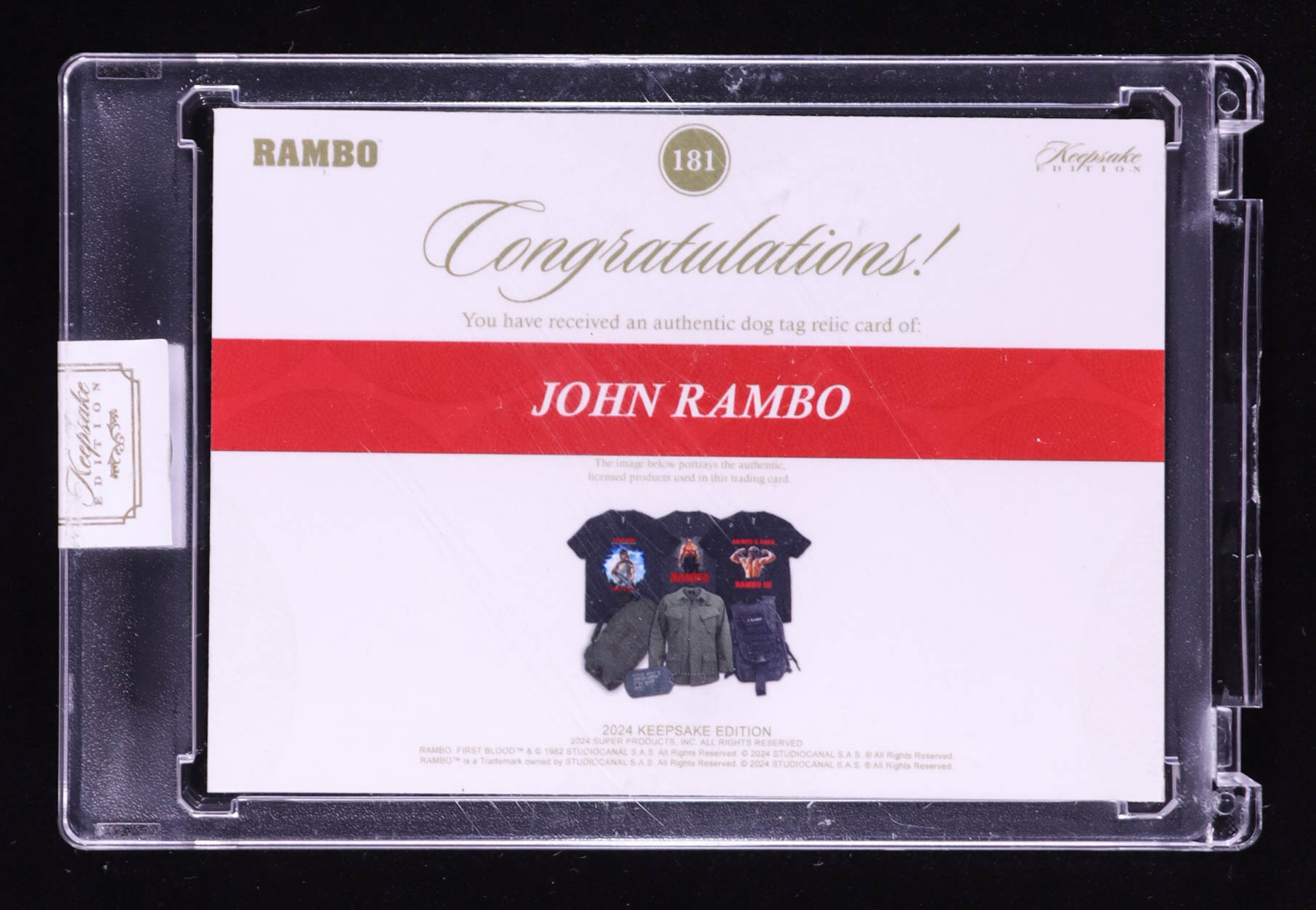 John Rambo 2024 Keepsake Edition Dog Tag Relic Authentic Rambo #181 #31/50 at PristineAuction.com John Rambo 2024 Keepsake Edition Dog Tag Relic Authentic Rambo #181 #31/50 at PristineAuction.com