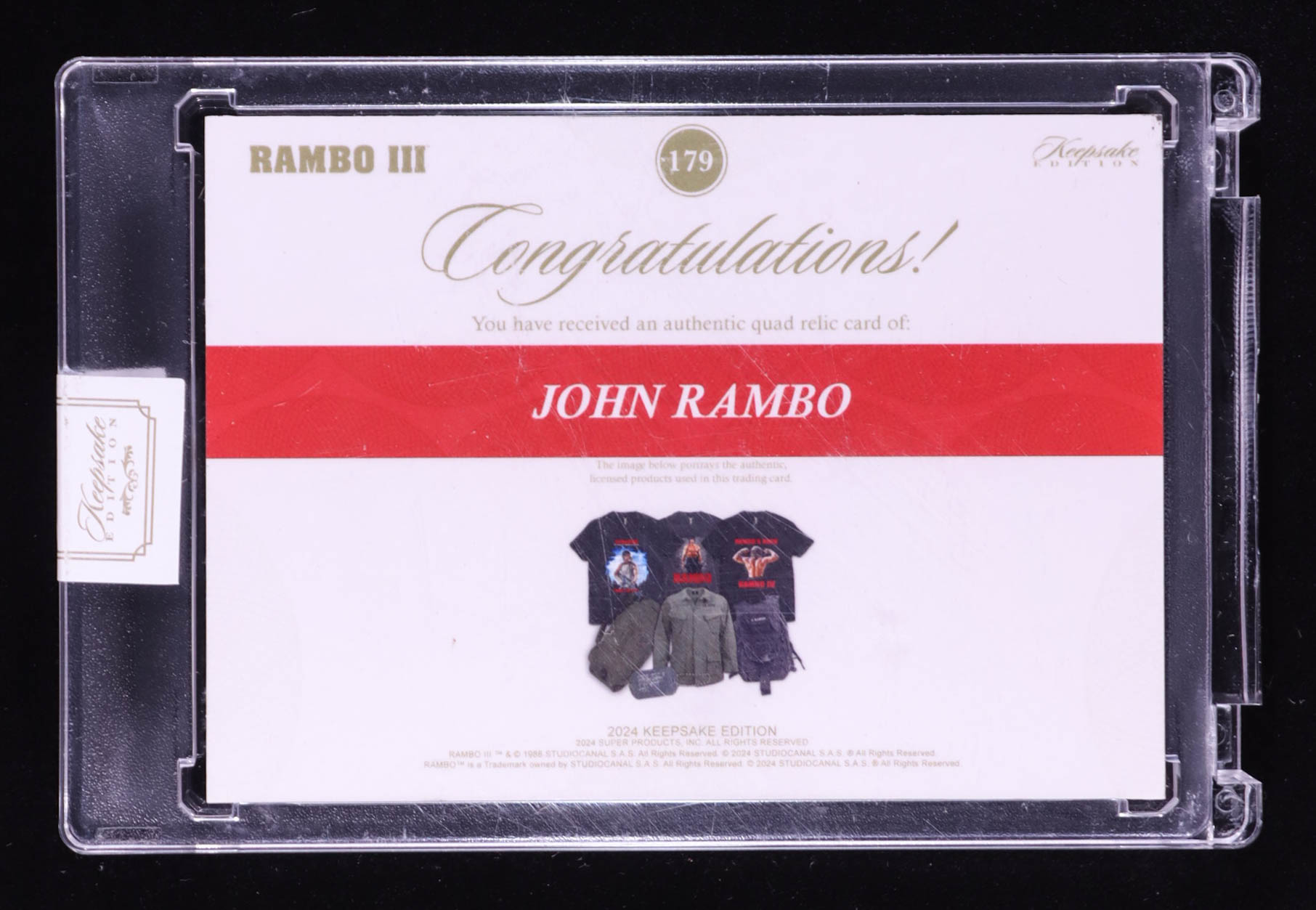 John Rambo 2024 Keepsake Edition Quadruple Relic Authentic Rambo III #179 #01/50 at PristineAuction.com John Rambo 2024 Keepsake Edition Quadruple Relic Authentic Rambo III #179 #01/50 at PristineAuction.com