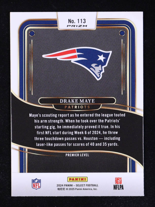 Drake Maye 2024 Select Prizm Black and Red Shock #113 RC at PristineAuction.com Drake Maye 2024 Select Prizm Black and Red Shock #113 RC at PristineAuction.com