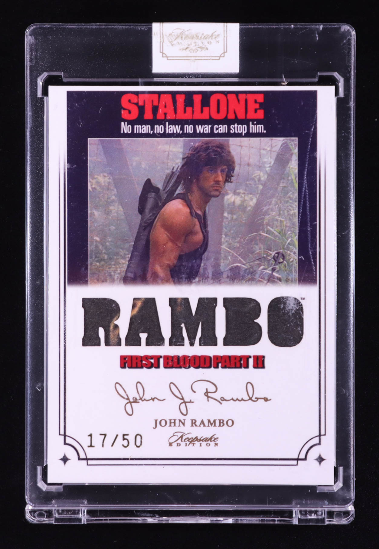 John Rambo 2024 Keepsake Edition Relic Authentic Rambo Stallone First Blood Part II #70 #17/50 at PristineAuction.com John Rambo 2024 Keepsake Edition Relic Authentic Rambo Stallone First Blood Part II #70 #17/50 at PristineAuction.com
