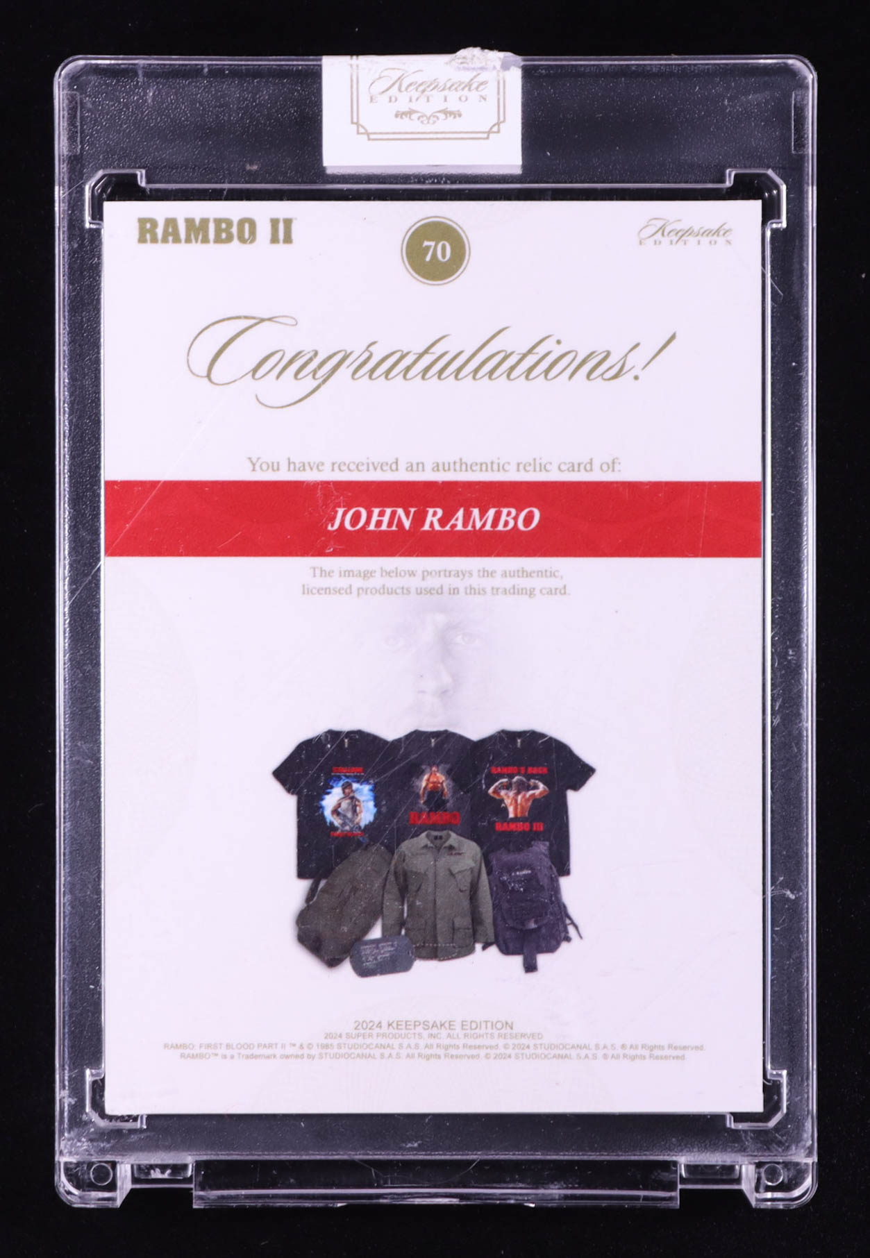 John Rambo 2024 Keepsake Edition Relic Authentic Rambo Stallone First Blood Part II #70 #17/50 at PristineAuction.com John Rambo 2024 Keepsake Edition Relic Authentic Rambo Stallone First Blood Part II #70 #17/50 at PristineAuction.com