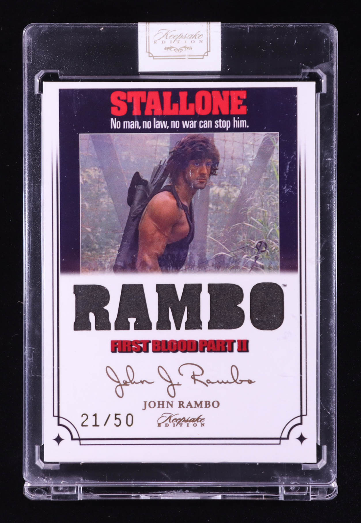 John Rambo 2024 Keepsake Edition Relic Authentic Rambo Stallone First Blood Part II #70 #21/50 at PristineAuction.com John Rambo 2024 Keepsake Edition Relic Authentic Rambo Stallone First Blood Part II #70 #21/50 at PristineAuction.com