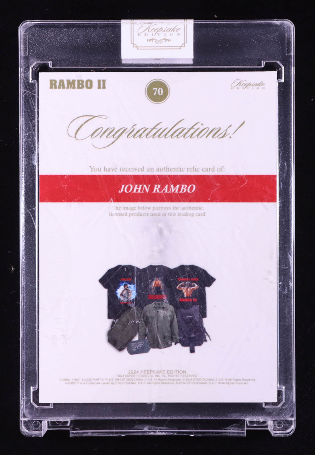 John Rambo 2024 Keepsake Edition Relic Authentic Rambo Stallone First Blood Part II #70 #21/50 at PristineAuction.com John Rambo 2024 Keepsake Edition Relic Authentic Rambo Stallone First Blood Part II #70 #21/50 at PristineAuction.com