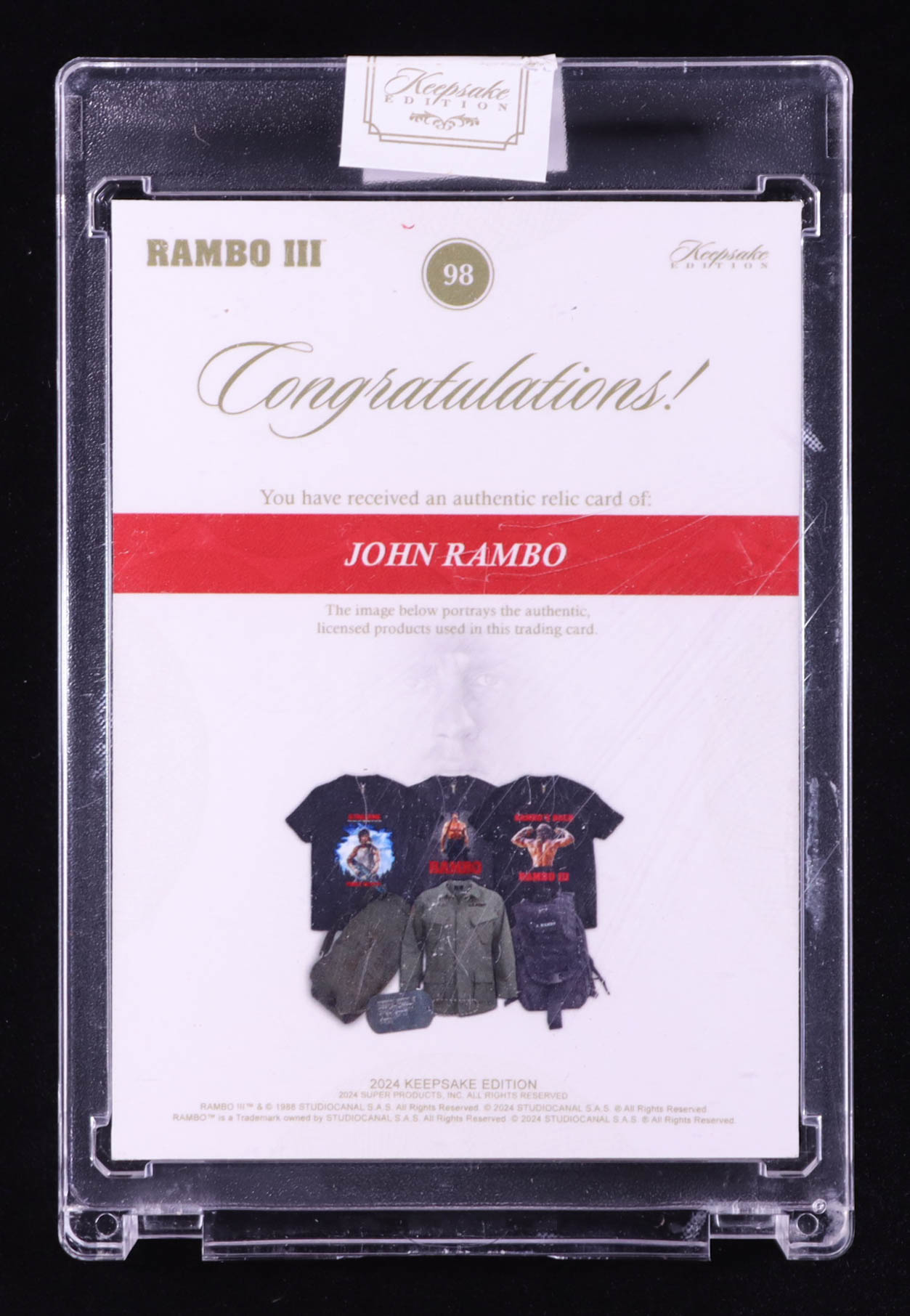 John Rambo 2024 Keepsake Edition Dual Relic Patches Authentic Rambo III #98 #29/50 at PristineAuction.com John Rambo 2024 Keepsake Edition Dual Relic Patches Authentic Rambo III #98 #29/50 at PristineAuction.com
