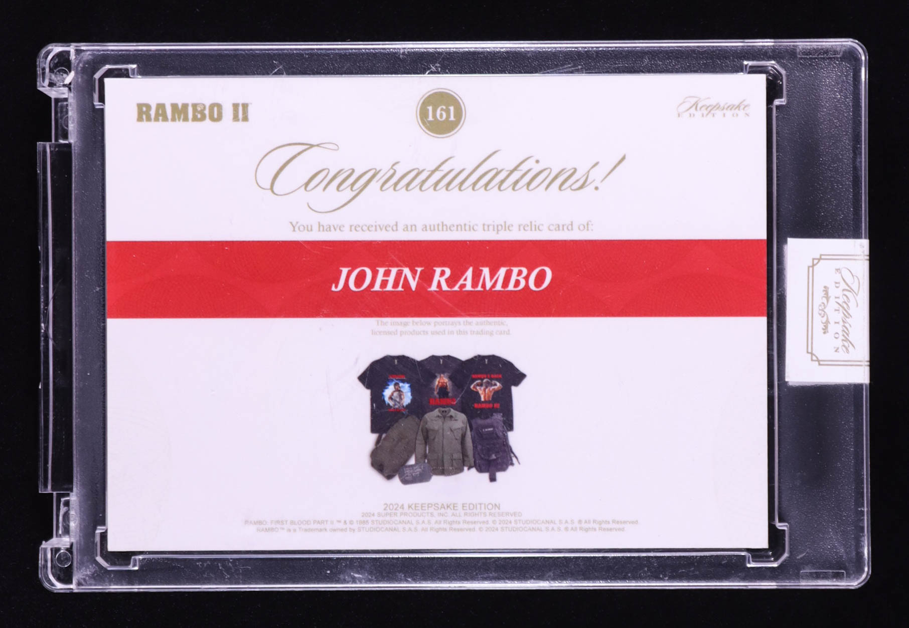 John Rambo 2024 Keepsake Edition Triple Relic Authentic Rambo II #161 #38/50 at PristineAuction.com John Rambo 2024 Keepsake Edition Triple Relic Authentic Rambo II #161 #38/50 at PristineAuction.com