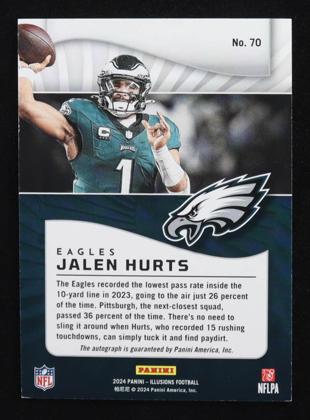 Jalen Hurts 2024 Panini Illusions Trophy Collection Signatures Purple #70 #03/49 at PristineAuction.com Jalen Hurts 2024 Panini Illusions Trophy Collection Signatures Purple #70 #03/49 at PristineAuction.com