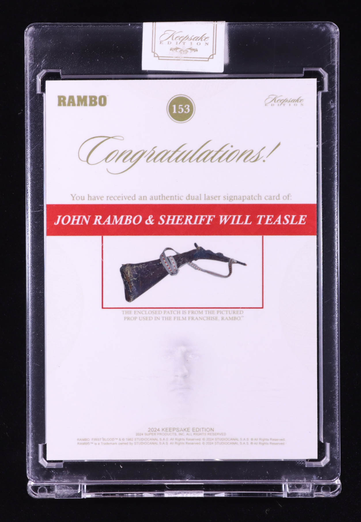 John Rambo/Sheriff Will Teasle 2024 Keepsake Edition Dual Laser Signapatch Authentic Rambo First Blood #153 #36/50 at PristineAuction.com John Rambo/Sheriff Will Teasle 2024 Keepsake Edition Dual Laser Signapatch Authentic Rambo First Blood #153 #36/50 at PristineAuction.com