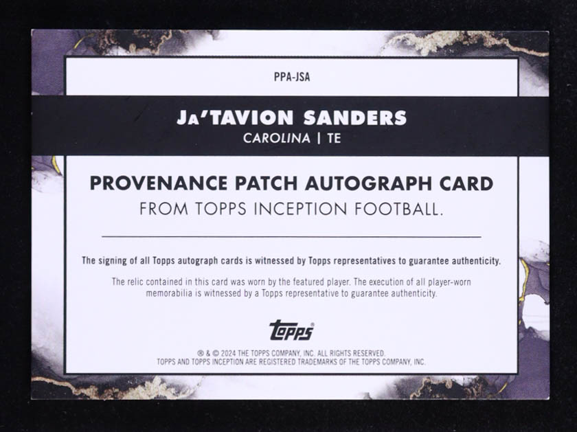 Ja'Tavion Sanders 2024 Topps Inception Provenance Patch Autographs Pink #PPAJSA #22/35 RC at PristineAuction.com Ja'Tavion Sanders 2024 Topps Inception Provenance Patch Autographs Pink #PPAJSA #22/35 RC at PristineAuction.com