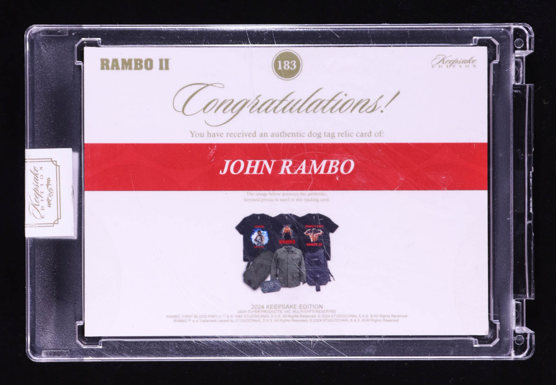 John Rambo 2024 Keepsake Edition Dog Tag Relic Authentic Rambo II #183 #39/50 at PristineAuction.com John Rambo 2024 Keepsake Edition Dog Tag Relic Authentic Rambo II #183 #39/50 at PristineAuction.com