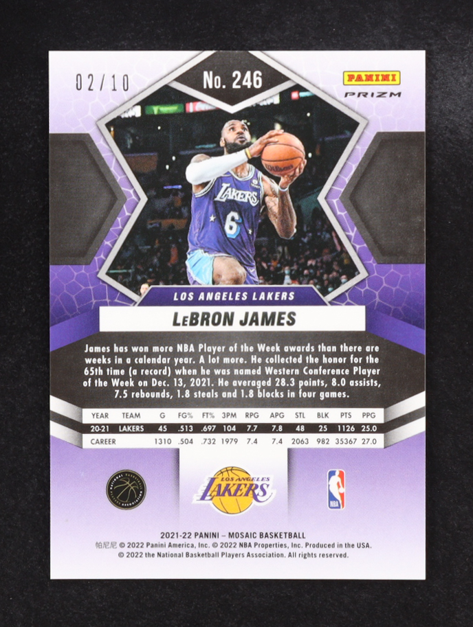 LeBron James 2021-22 Panini Mosaic Mosaic Gold #246 NP #2/10 at PristineAuction.com LeBron James 2021-22 Panini Mosaic Mosaic Gold #246 NP #2/10 at PristineAuction.com