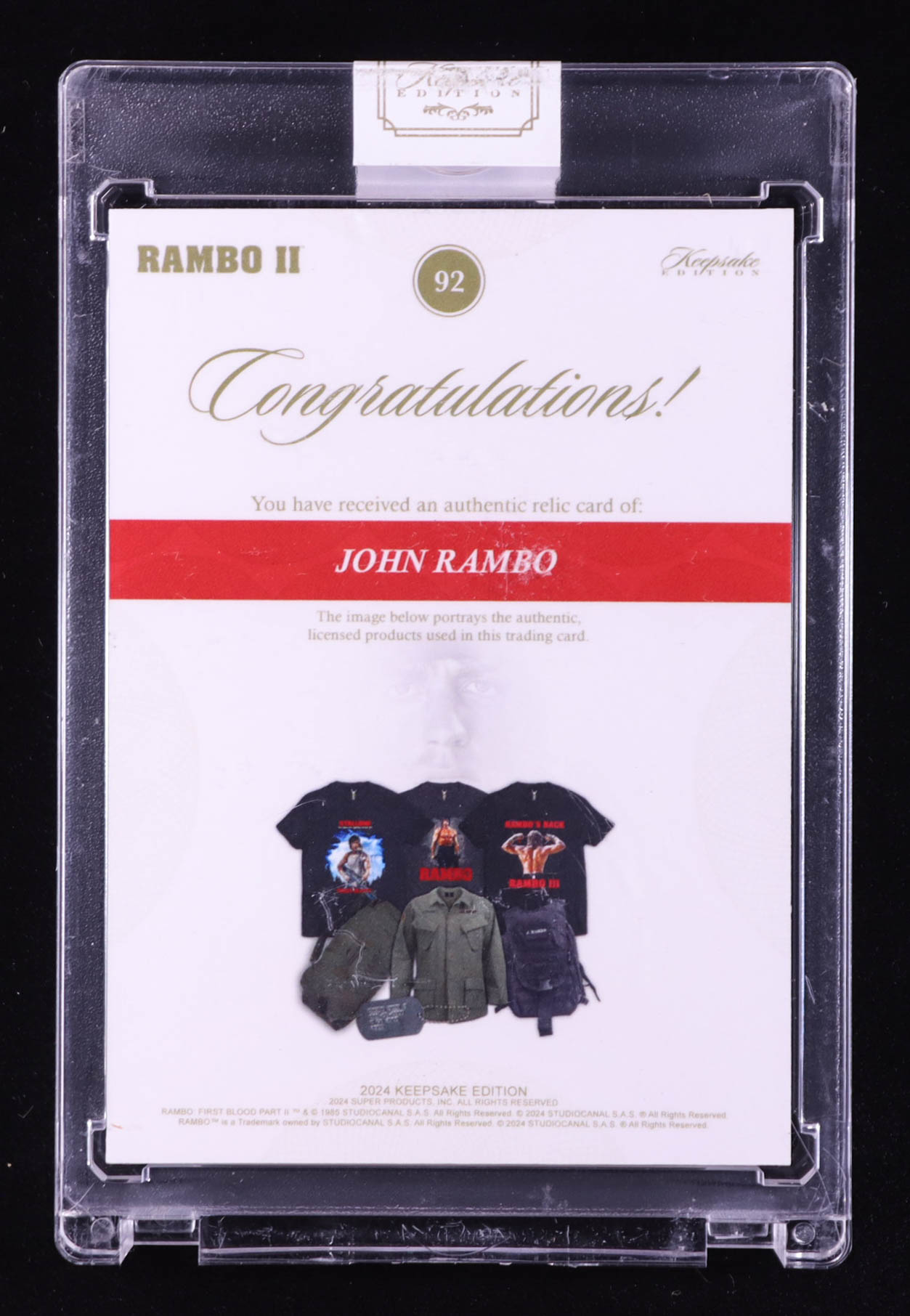 John Rambo 2024 Keepsake Edition Dual Relic Patches Authentic Rambo II #92 #02/50 at PristineAuction.com John Rambo 2024 Keepsake Edition Dual Relic Patches Authentic Rambo II #92 #02/50 at PristineAuction.com