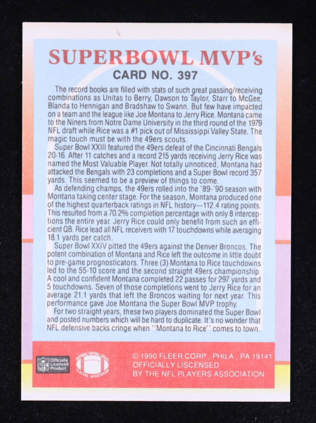 Jerry Rice / Joe Montana 1990 Fleer Super Bowl MVP's #397 at PristineAuction.com Jerry Rice / Joe Montana 1990 Fleer Super Bowl MVP's #397 at PristineAuction.com