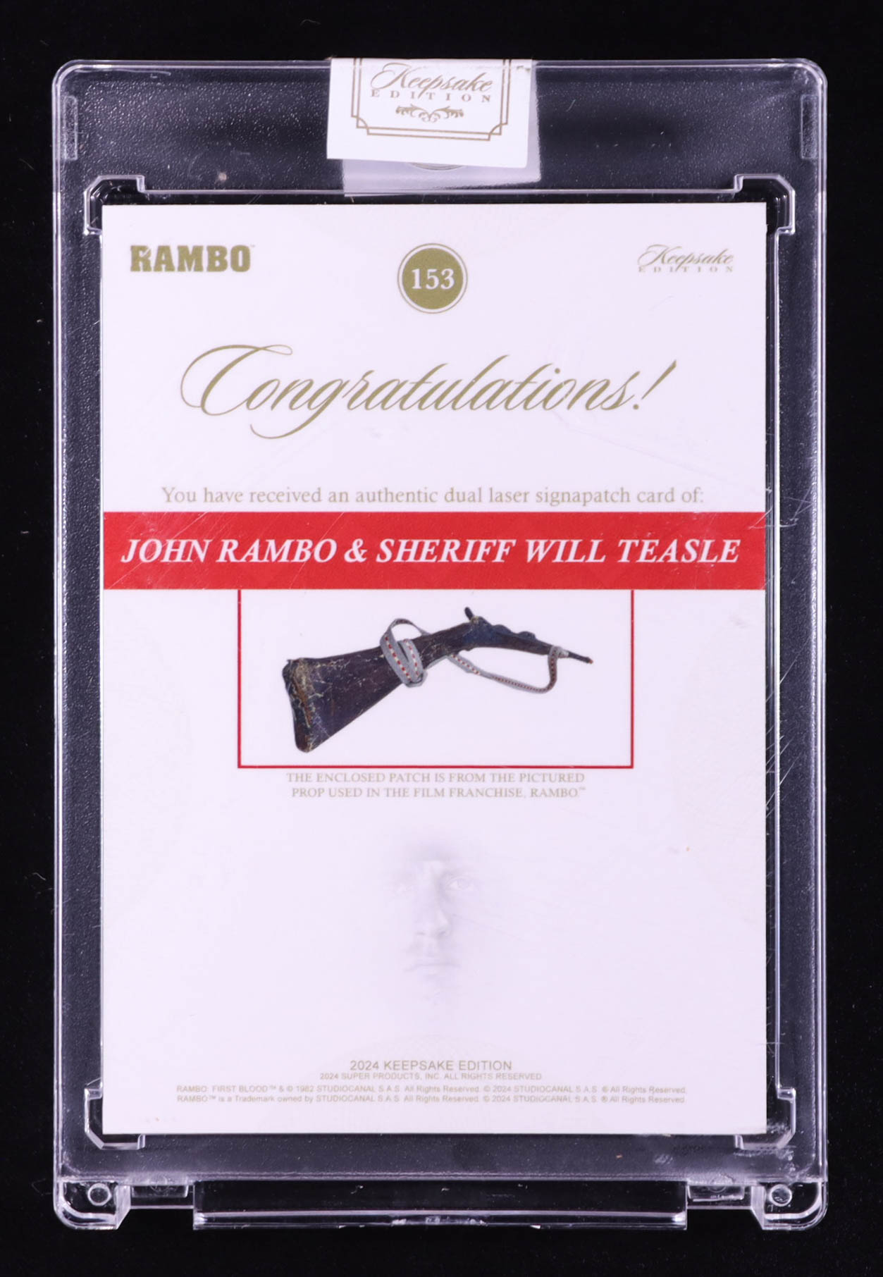 John Rambo/Lieutenant Tay 2024 Keepsake Edition Dual Laser Signapatch Authentic Rambo First Blood Part II #92 #33/50 at PristineAuction.com John Rambo/Lieutenant Tay 2024 Keepsake Edition Dual Laser Signapatch Authentic Rambo First Blood Part II #92 #33/50 at PristineAuction.com