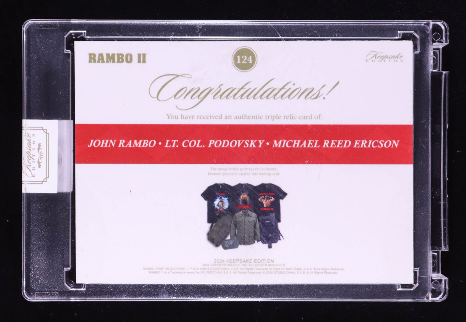 John Rambo/Michael Reed Ericson/LT. Col. Podovsky 2024 Keepsake Edition Triple Relic Authentic Rambo First Blood Part II #124 #42/50 at PristineAuction.com John Rambo/Michael Reed Ericson/LT. Col. Podovsky 2024 Keepsake Edition Triple Relic Authentic Rambo First Blood Part II #124 #42/50 at PristineAuction.com