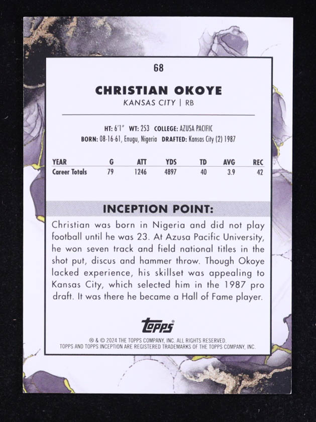 Christian Okoye 2024 Topps Inception Blue #68 #07/10 at PristineAuction.com Christian Okoye 2024 Topps Inception Blue #68 #07/10 at PristineAuction.com