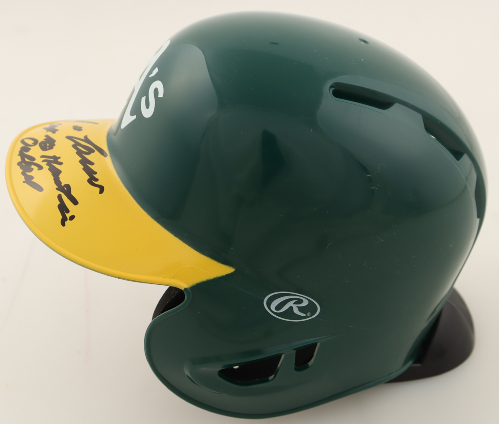 Jose Canseco Signed Athletics Mini Batting Helmet Inscribed "I Left My Heart In Oakland" (Beckett) at PristineAuction.com Jose Canseco Signed Athletics Mini Batting Helmet Inscribed "I Left My Heart In Oakland" (Beckett) at PristineAuction.com