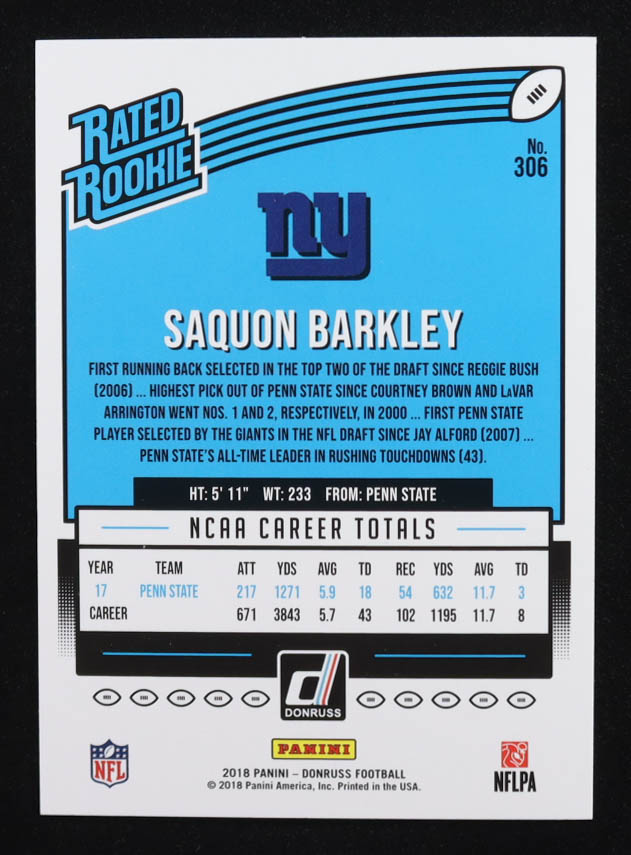 Saquon Barkley 2018 Donruss Rated Rookie #306 RC at PristineAuction.com Saquon Barkley 2018 Donruss Rated Rookie #306 RC at PristineAuction.com